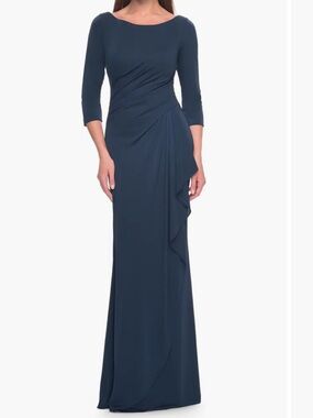La Femme Chic Long Evening Gown with High Neck and Ruffle Detail